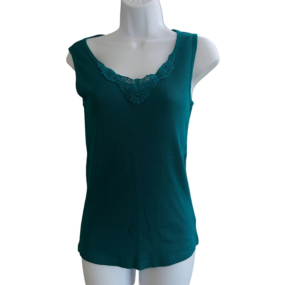 Vintage St Johns Bay Womens Y2K Fairy Ribbed Lace Tank Top M Layering Teal